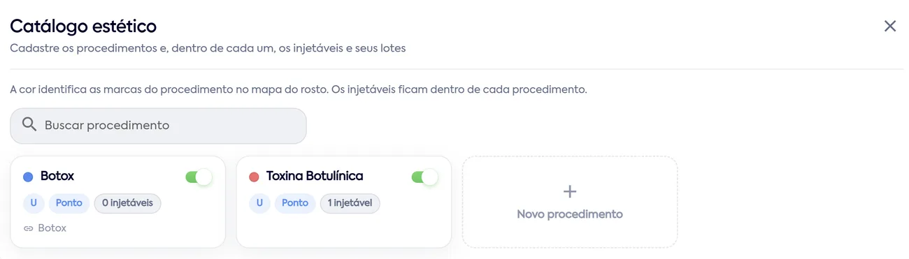 Catálogo estético do WCare com os procedimentos da clínica, cada um com sua cor, unidade e injetáveis