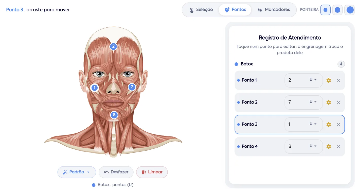 Tela do módulo Estética do WCare: boneco facial com pontos de aplicação numerados e o Registro de Atendimento com as unidades de cada ponto