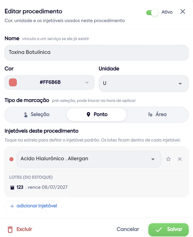 Edição de procedimento no WCare: cor, unidade, tipo de marcação e injetáveis com lotes do estoque