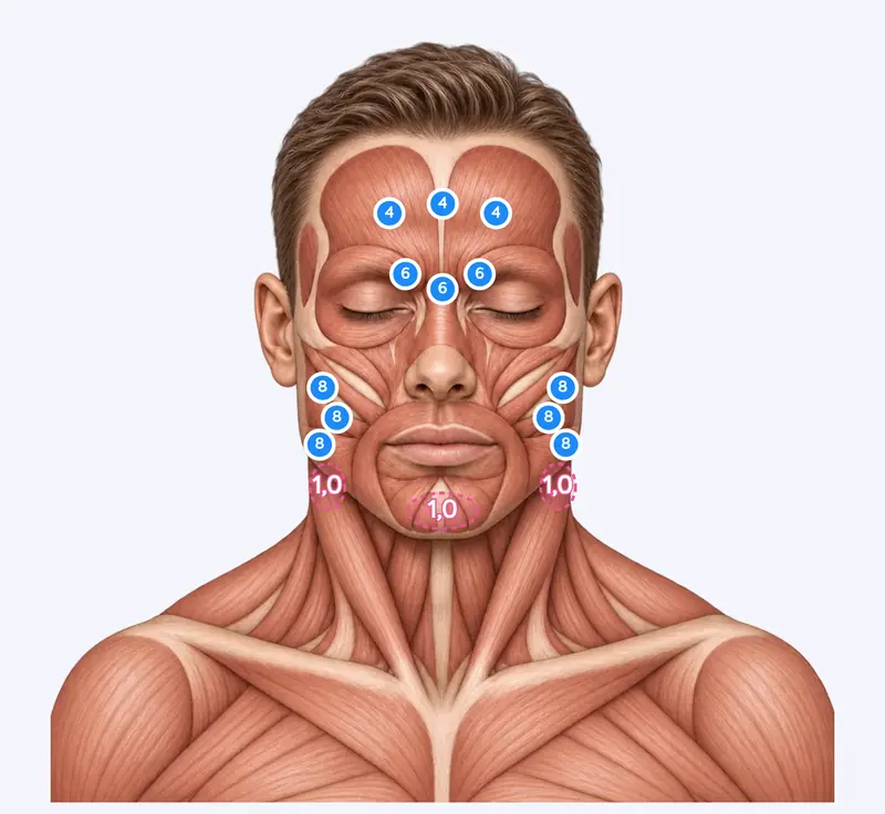 Desenho masculino do mapa facial do WCare aberto em tela cheia, com pontos de toxina na testa, na glabela e no masseter e áreas de preenchedor na mandíbula e no mento