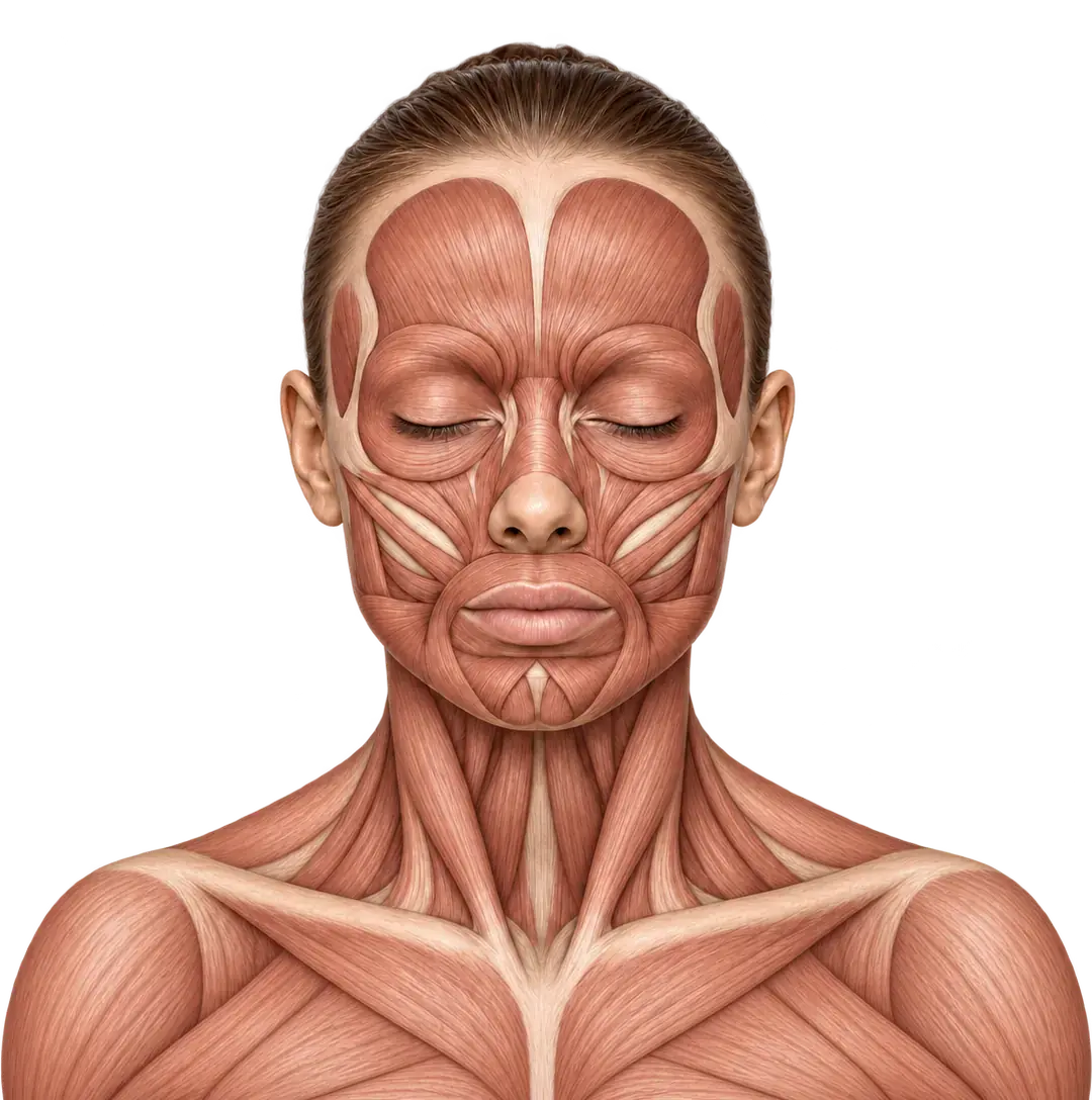 Desenho anatômico da musculatura do rosto e do pescoço, versão feminina