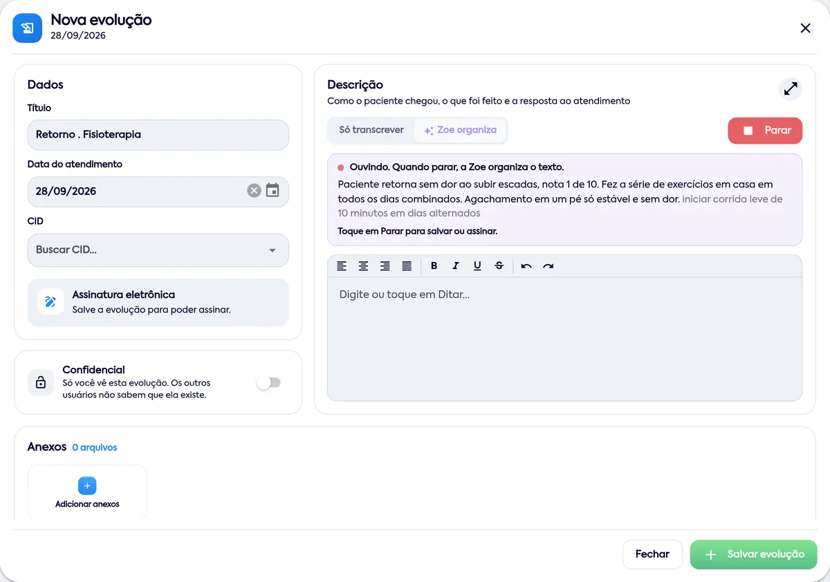 Tela Nova evolução com o título Retorno · Fisioterapia e o ditado por voz ligado no modo Zoe organiza: o painel Ouvindo mostra a fala do atendimento e o botão Parar fica em vermelho