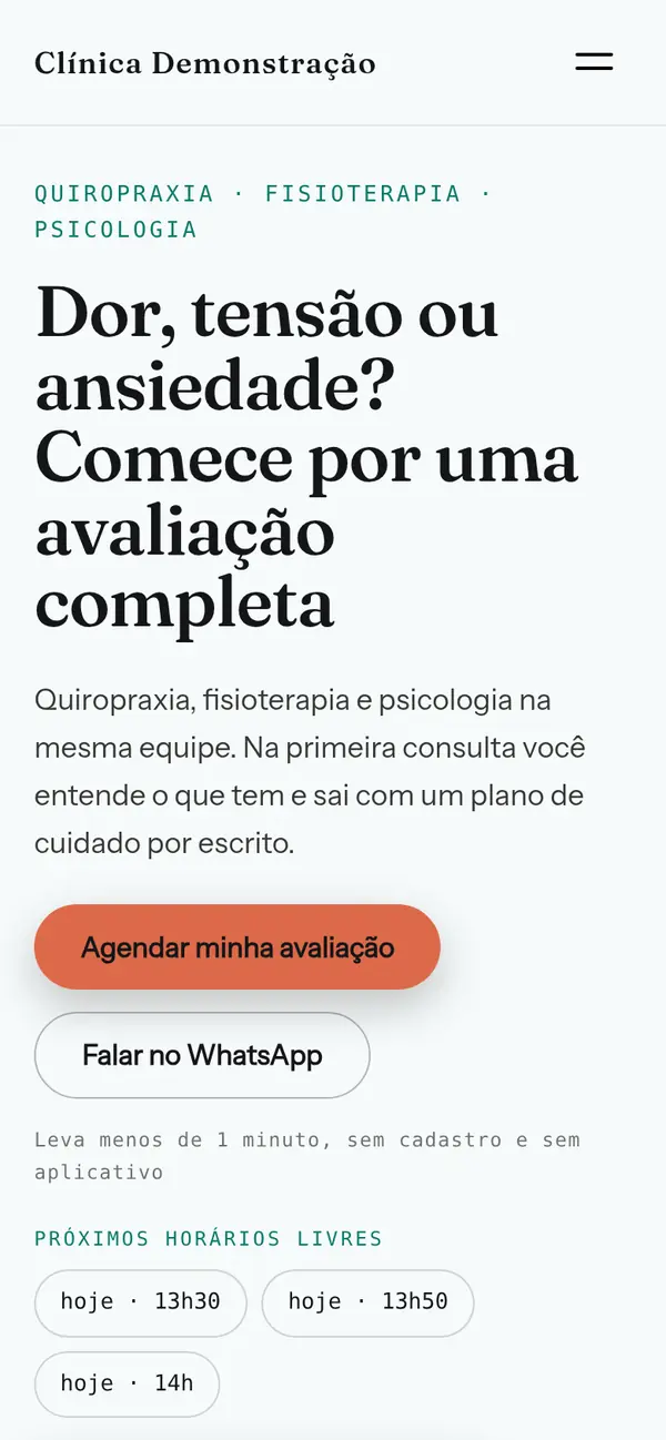 O mesmo site no celular, com o título, os botões de agendar e de WhatsApp e os próximos horários livres
